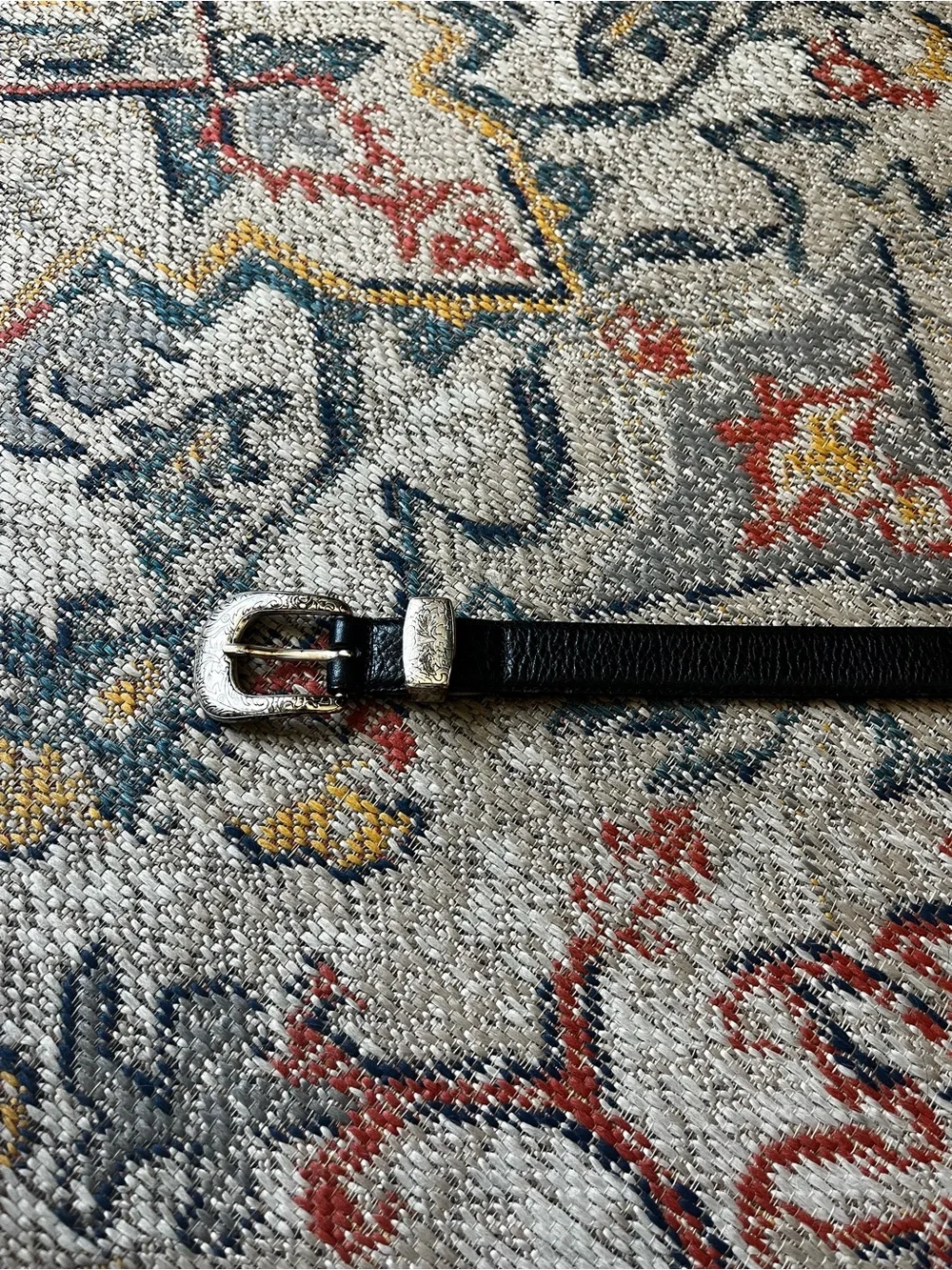 Men's Black Leather Western Belt with Engraved Silver Buckle Size 36
